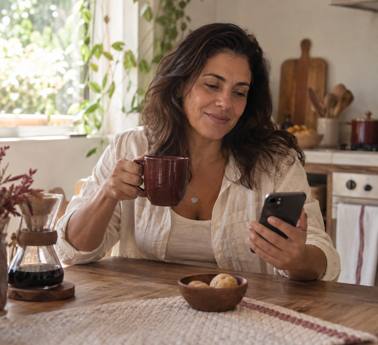 Mulher em um momento tranquilo de café da manhã