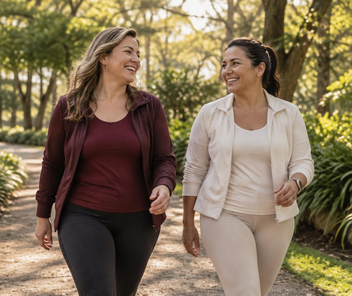 Duas mulheres maduras caminhando juntas ao ar livre