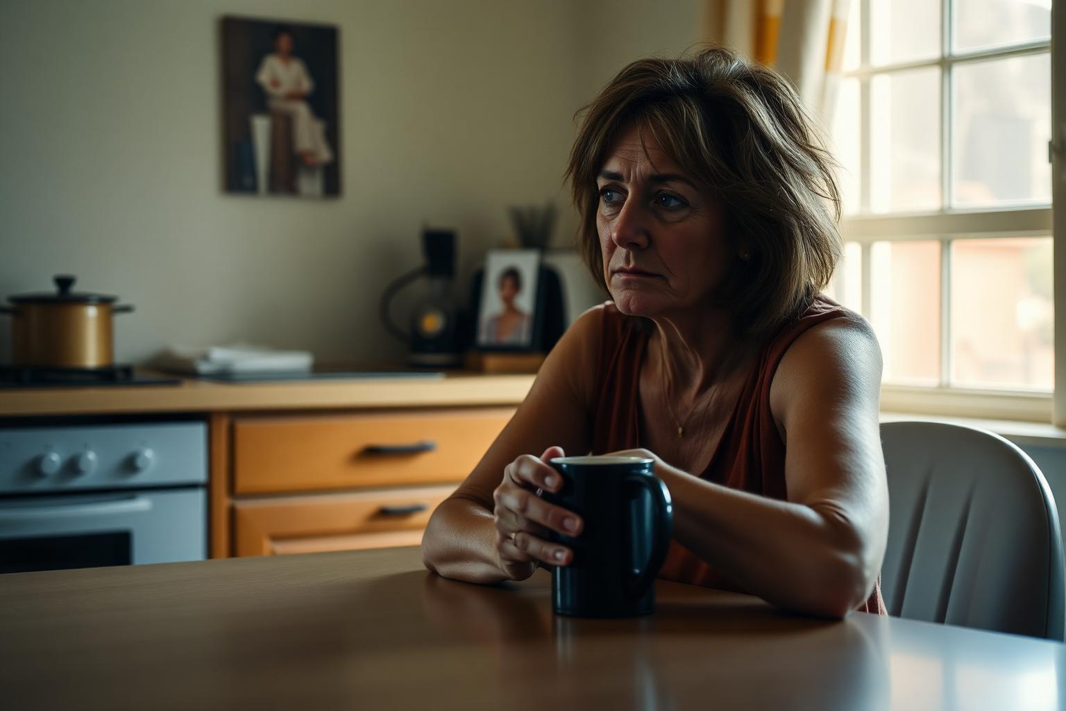Mulher sentada à mesa da cozinha ao amanhecer, segurando uma caneca